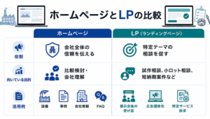 「ホームページ」と「LP」の比較表インフォグラフィック