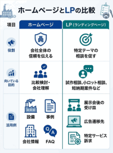「ホームページ」と「LP」の比較表インフォグラフィック