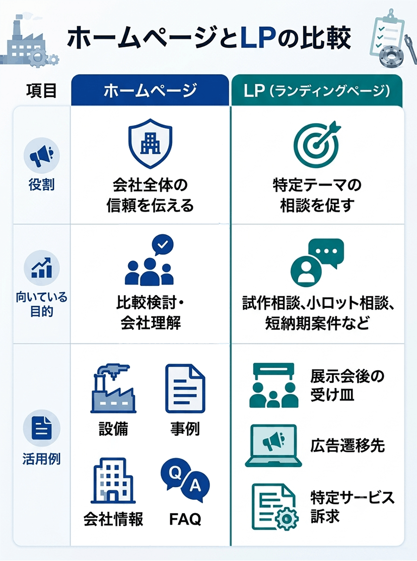 「ホームページ」と「LP」の比較表インフォグラフィック