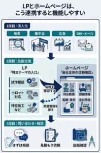 問い合わせ導線の全体像を示す図解 「LPとホームページは、こう連携すると機能しやすい」