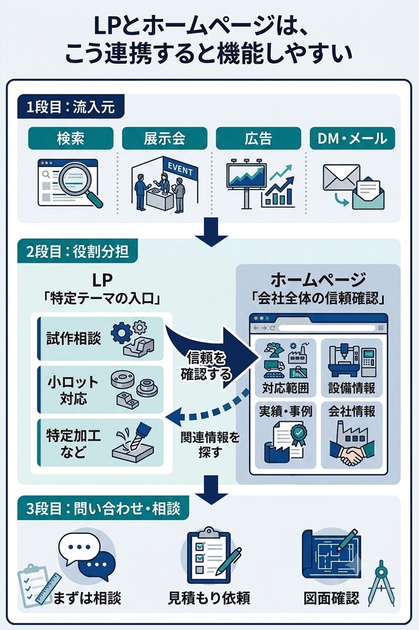 問い合わせ導線の全体像を示す図解 「LPとホームページは、こう連携すると機能しやすい」